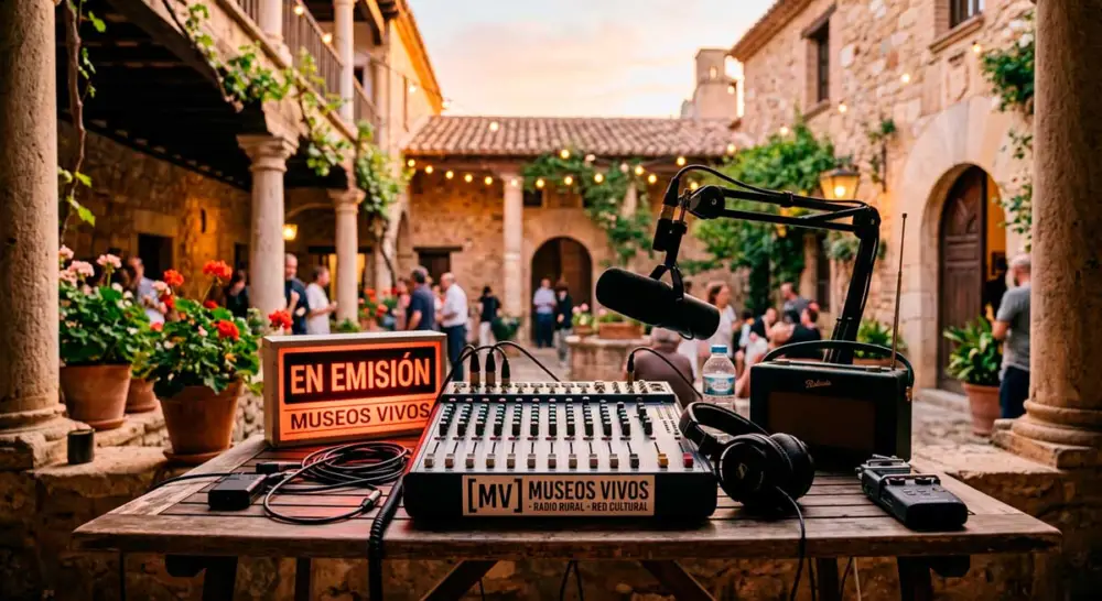 Mesa de mezclas y equipo de radio al aire libre en un patio tradicional con cartel iluminado de En Emisión para Museos Vivos.