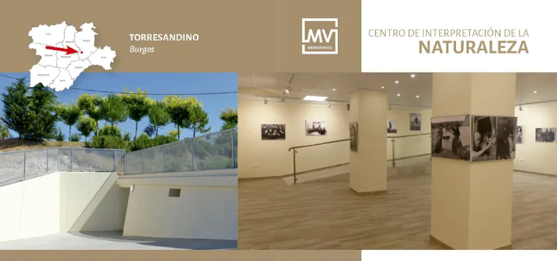 Banner del Centro de Interpretación de la Naturaleza en Torresandino, Burgos, con vistas del exterior y la sala de exposiciones.