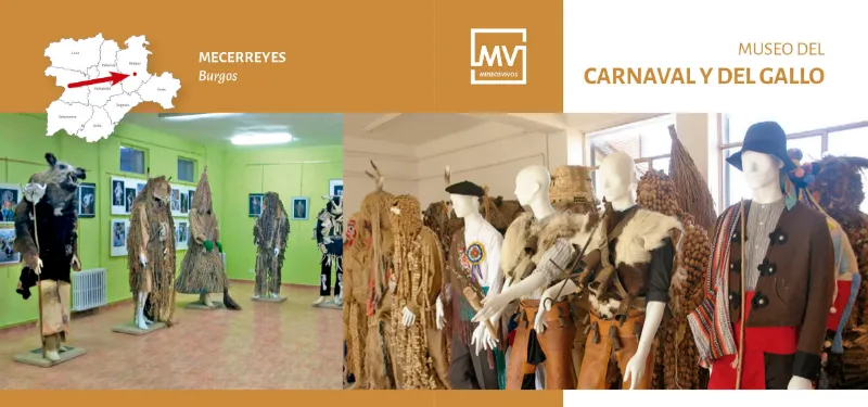 Banner del Museo del Carnaval y del Gallo en Mecerreyes, Burgos, con maniquíes luciendo trajes tradicionales y mascaradas de invierno.