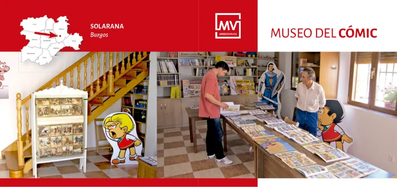Banner del Museo del Cómic en Solarana, Burgos, con el interior de la sala expositiva repleta de cómics y figuras decorativas.