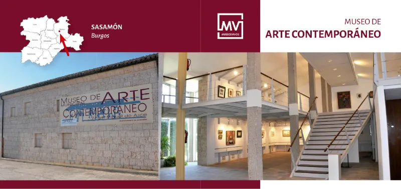 Banner del Museo de Arte Contemporáneo en Sasamón, Burgos, con la fachada exterior de piedra y el diseño interior diáfano con escaleras y obras de arte.