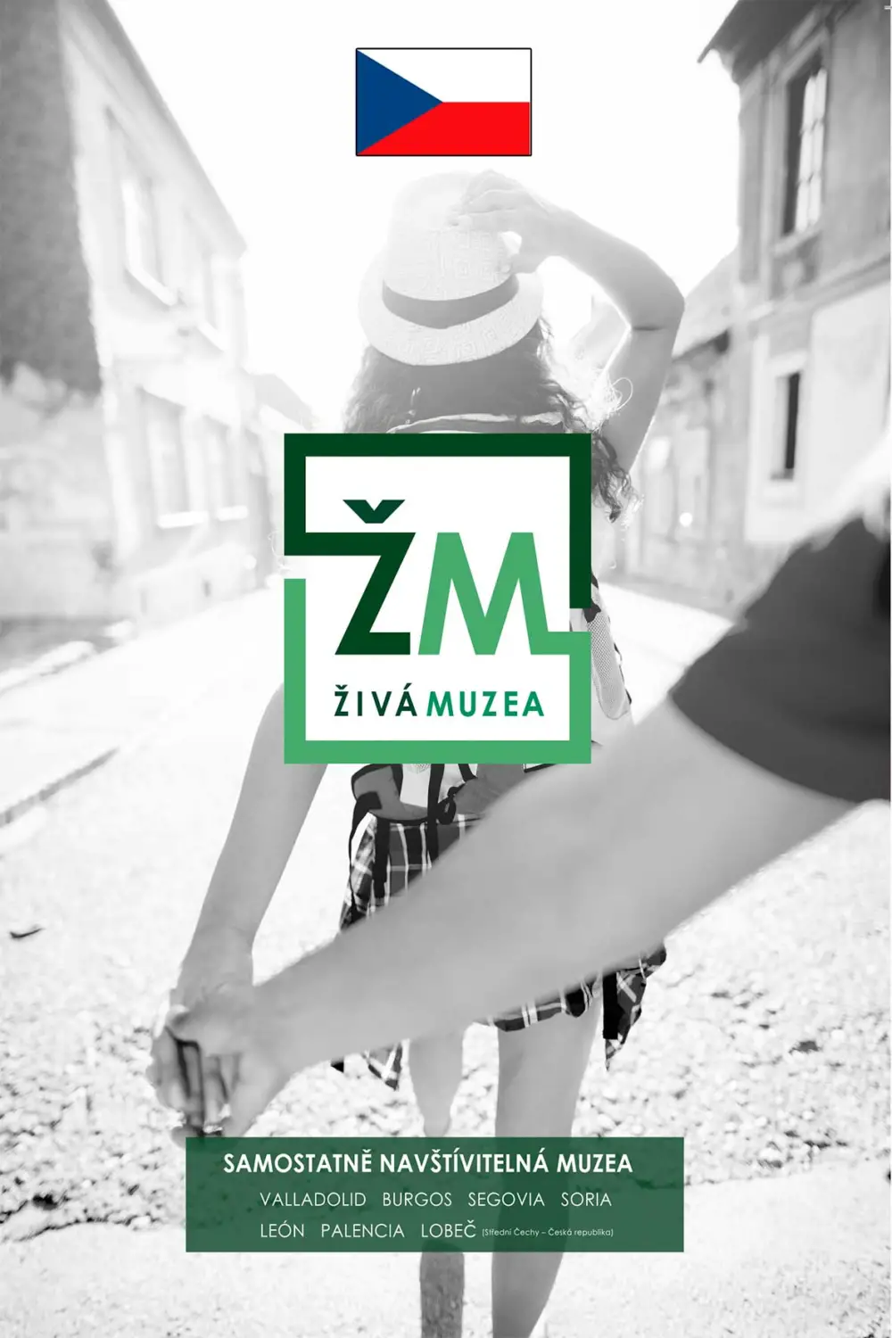 folleto-checo Miniatura de medios que muestra un logotipo verde 'ŽM ŽIVÁ MUZEA' sobre una foto en blanco y negro de dos personas caminando por una calle europea.