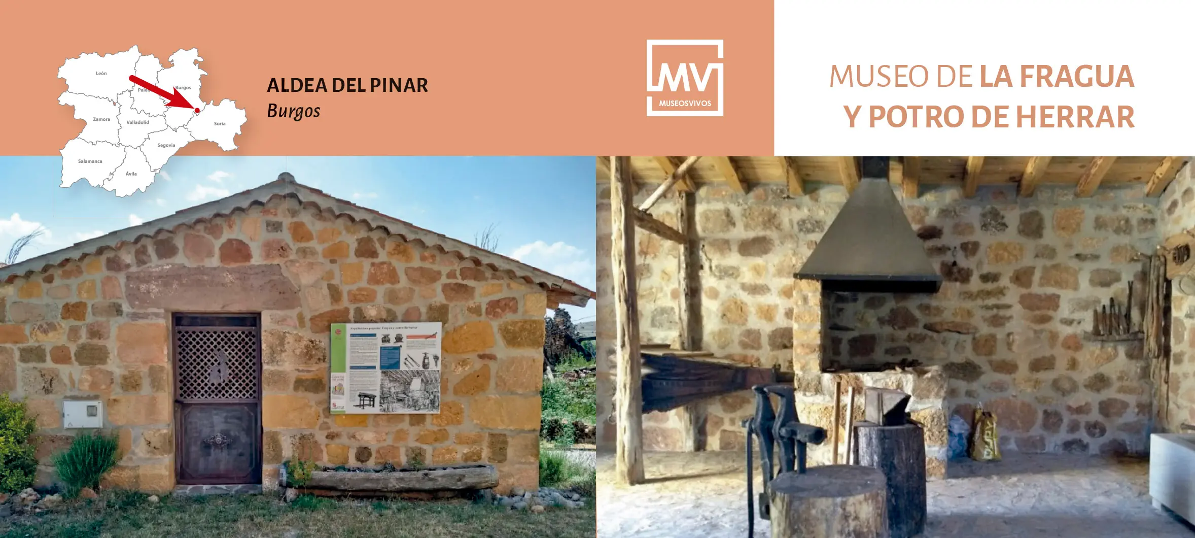 Banner del Museo de la Fragua y Potro de Herrar en Aldea del Pinar, Burgos, con la fachada de piedra exterior y el interior del taller de herrería tradicional.