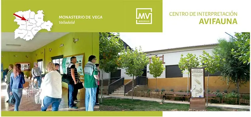 Banner promocional del Centro de Interpretación Avifauna en la provincia de Zamora. Muestra un mapa de ubicación, un grupo de visitantes en el interior de las instalaciones y una vista exterior del edificio con su rampa de acceso.