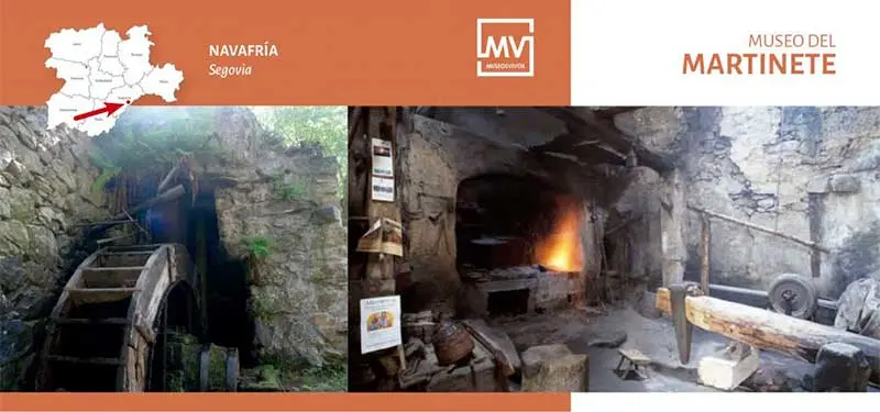 Cabecera informativa sobre fondo naranja de "MUSEOVIVOS" para el "MUSEO DEL MARTINETE" en Navafría, Segovia. La imagen muestra un díptico con una rueda de molino de madera a la izquierda y el interior rústico de una forja con un martinete y fuego activo a la derecha.