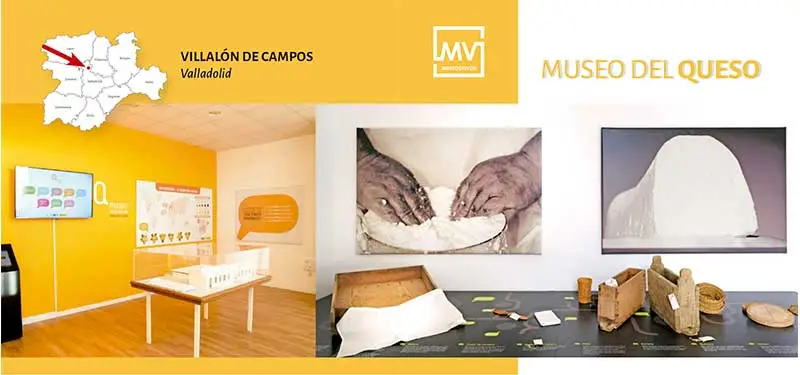 Texto alternativo (Alt Text) Banner promocional del Museo del Queso en Villalón de Campos, Valladolid. Muestra un mapa de ubicación, una sala del museo con paneles informativos y una exposición de fotografías y utensilios tradicionales para hacer queso.
