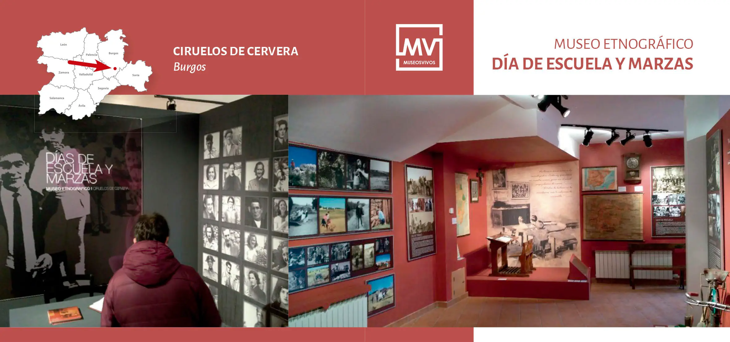 Banner del Museo Etnográfico Día de Escuela y Marzas en Ciruelos de Cervera, Burgos, con el interior de las salas expositivas y fotografías históricas.