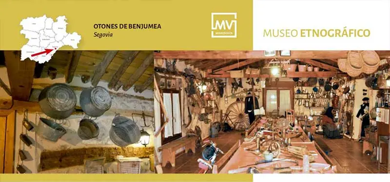 Banner del Museo Etnográfico en Otones de Benjumea, Segovia, con el interior rústico repleto de aperos de labranza y enseres tradicionales.