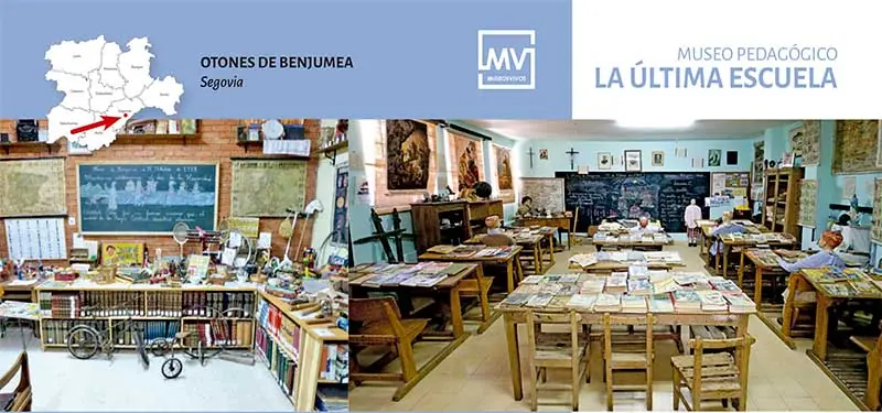 Banner del Museo Pedagógico La Última Escuela en Otones de Benjumea, Segovia, con el interior de una antigua clase escolar y estanterías llenas de libros y juguetes.